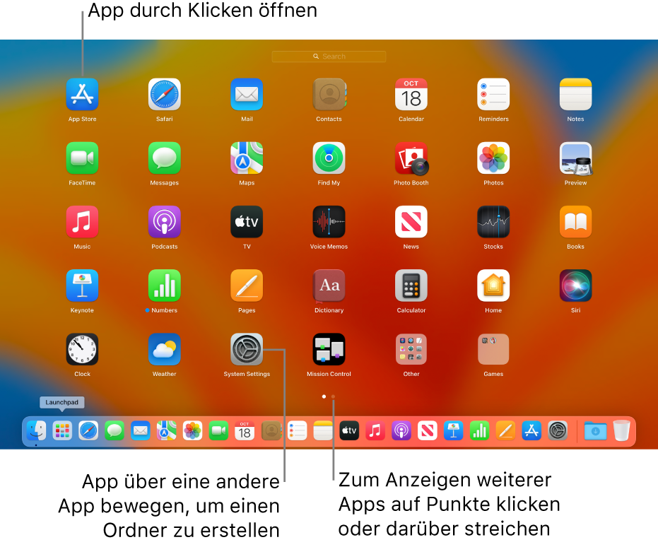 Launchpad mit Apps, die geöffnet werden können.