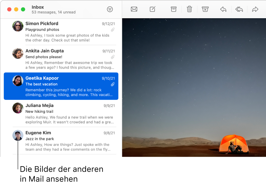 Das Fenster „Mail“ mit der E-Mail-Liste und den Bildern der Absender, die neben ihren Namen angezeigt werden.