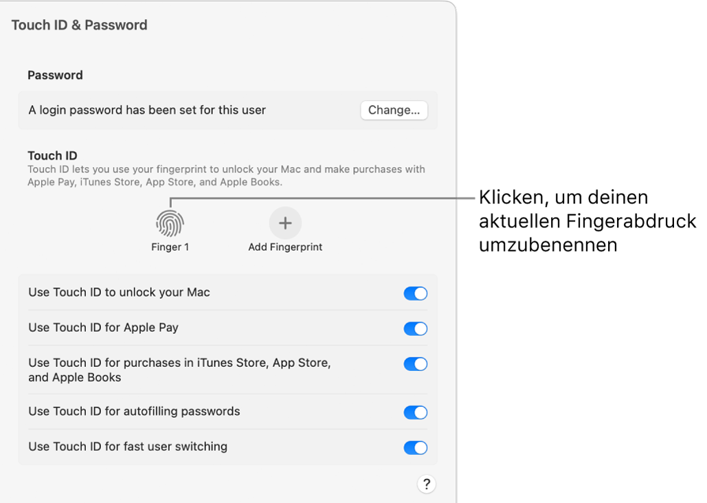 Die Einstellungen „Touch ID & Passwort“ zeigen, dass ein Fingerabdruck erstellt wurde, der nun zum Entsperren des Mac verwendet werden kann.