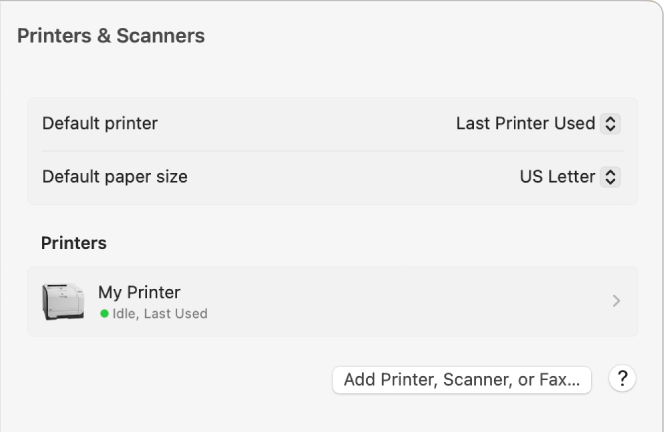 Das Dialogfenster „Drucker & Scanner“ mit Optionen zum Einrichten eines Druckers und einer Druckerliste mit der Taste „Drucker, Scanner oder Fax hinzufügen“.