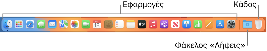 Το Dock όπου εμφανίζονται εικονίδια για εφαρμογές, η στοίβα «Λήψεις» και ο Κάδος.