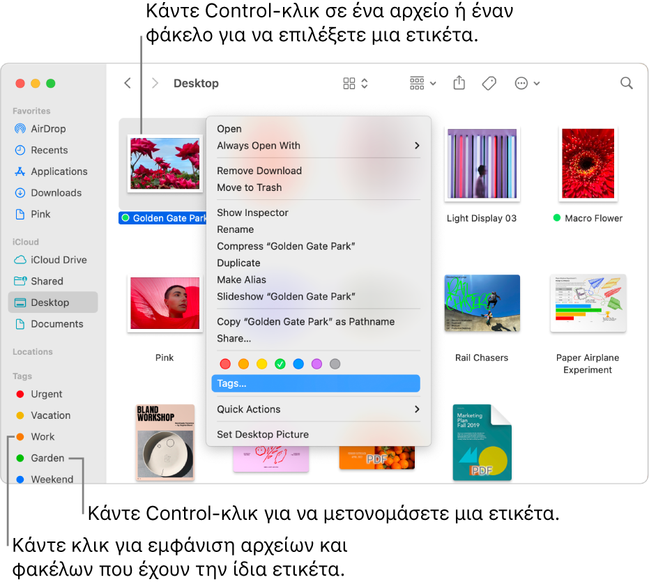 Ένα παράθυρο του Finder που περιέχει αρχεία και φακέλους με ετικέτες, με επιλεγμένο ένα αρχείο. Στο μενού συντόμευσης, υπάρχουν επιλογές χρωμάτων για ετικέτες ενώ είναι επισημασμένη η επιλογή «Ετικέτες».