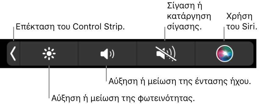 Το συμπτυγμένο Control Strip περιλαμβάνει κουμπιά, από τα αριστερά προς τα δεξιά, για επέκταση του Control Strip, αύξηση ή μείωση της φωτεινότητας οθόνης και της έντασης ήχου, σίγαση και κατάργηση σίγασης, και τη χρήση του Siri.