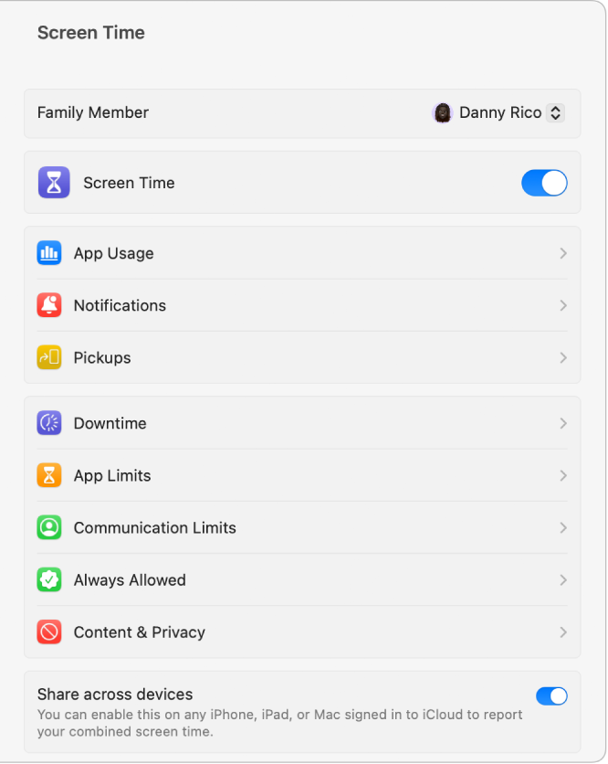 Screen Time settings with an adult chosen from the Family Member pop-up menu, Screen Time turned on and “Share across devices” turned on.