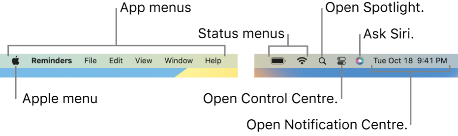 The menu bar. On the left are the Apple menu and app menus. On the right are status menus, Spotlight, Control Centre, Siri and Notification Centre.