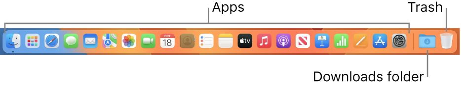 The Dock showing icons for apps, the Downloads stack, and the Bin.