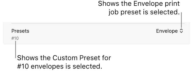 The Presets section of the Print dialogue showing a print job preset for an envelope chosen and a custom preset for a #10 envelope chosen.