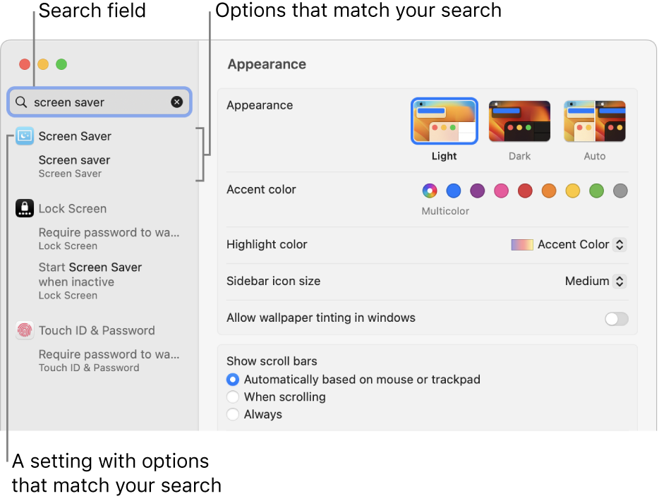 The System Settings window showing “screen saver” in the search field, and a list of matching search results below the search field.