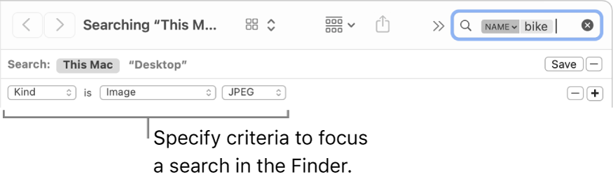 A Finder window with fields to specify search criteria.