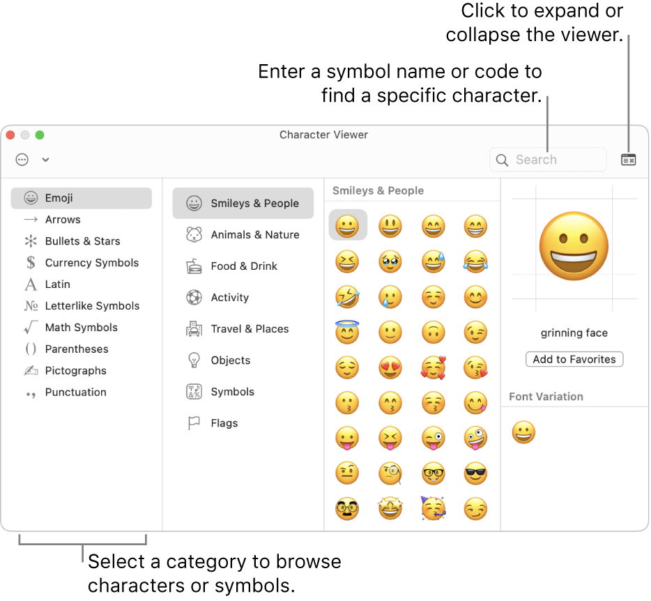The Character Viewer window. Select a category on the left to browse characters or symbols. In the search field, enter a symbol name or code to find a specific character. In the upper-right corner, click to expand or collapse the viewer.