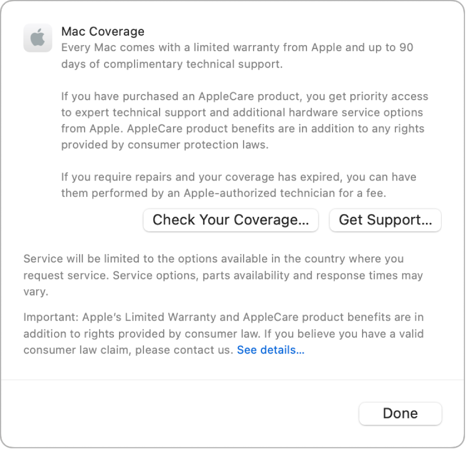 The Coverage dialogue showing the Check Your Coverage and Get Support buttons are on the right.