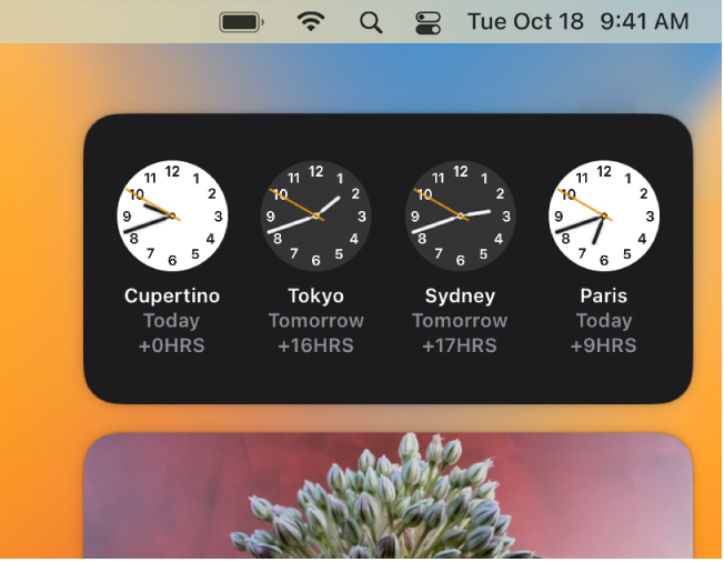 The World Clock widget in Notification Centre showing the current time in Cupertino, Tokyo, Sydney and Paris.