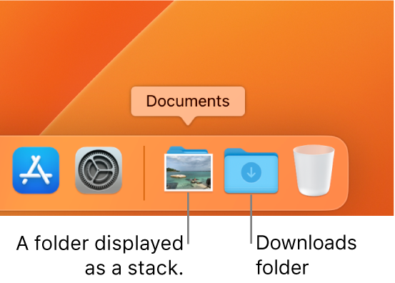 The right end of the Dock showing a folder that’s displayed as a stack and the Downloads folder displayed as a folder.
