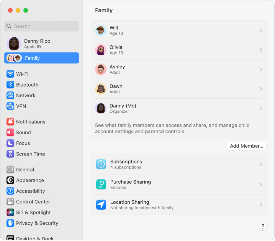 Family settings showing a list of family members for an existing account and different types of account options you can use with Family Sharing.