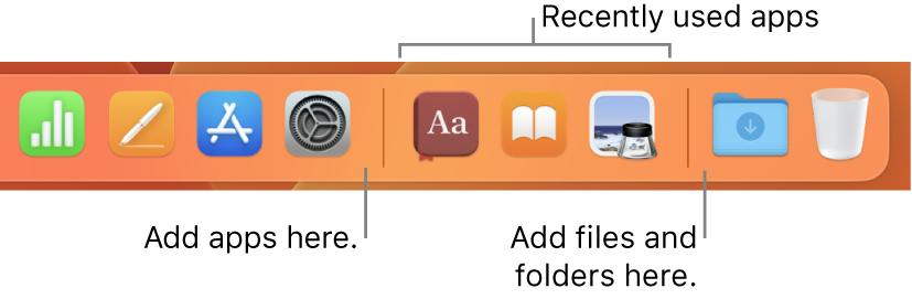 A portion of the Dock showing the separator lines between apps, recently used apps and files and folders.