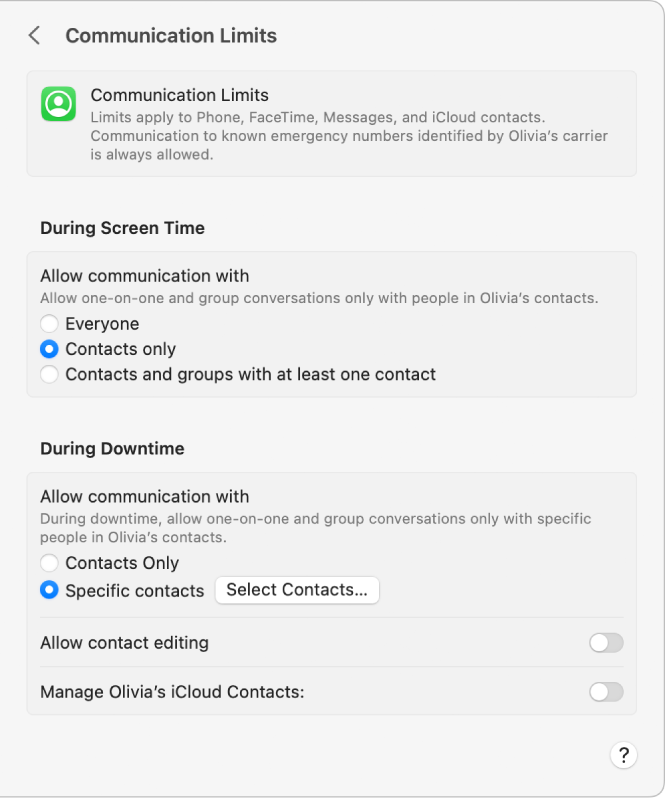 Communication Limits settings in Screen Time with options for allowing communication during screen time and downtime selected.