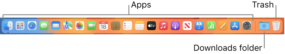 The Dock showing icons for apps, the Downloads stack and the Trash.