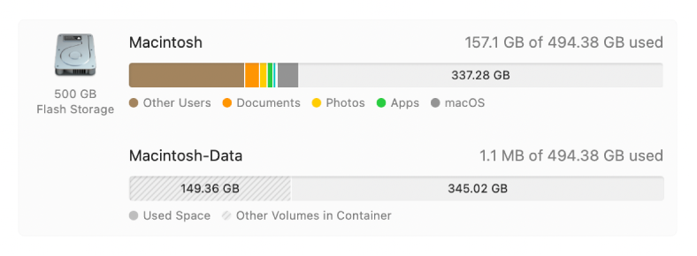 Storage space graph bars showing how storage space is used and the amount of available storage space.