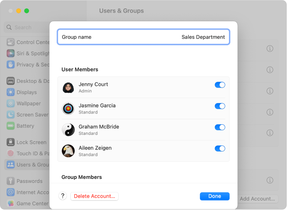 Options for a group in Users & Groups settings. To the right of each user is the option to include or exclude the user from the group. Along the bottom are the Help, Delete Account and Done buttons.