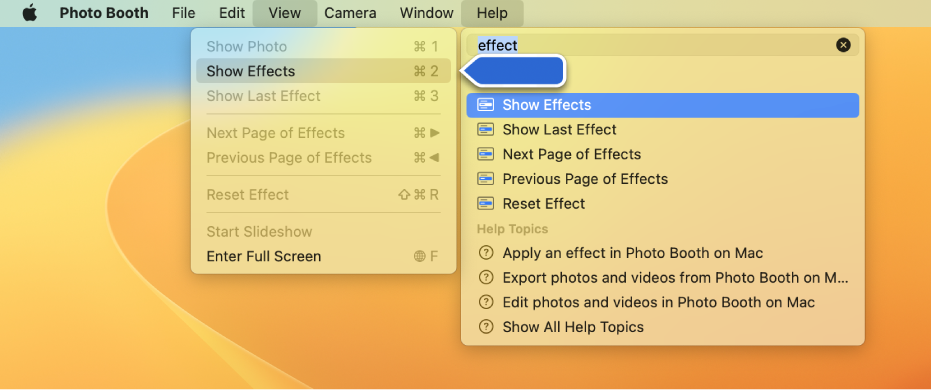 The Photo Booth Help menu with a search result for a menu item selected and an arrow pointing to the item in the app menus.