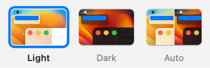 From left to right, samples of the Light, Dark, and Auto options shown in Appearance settings.