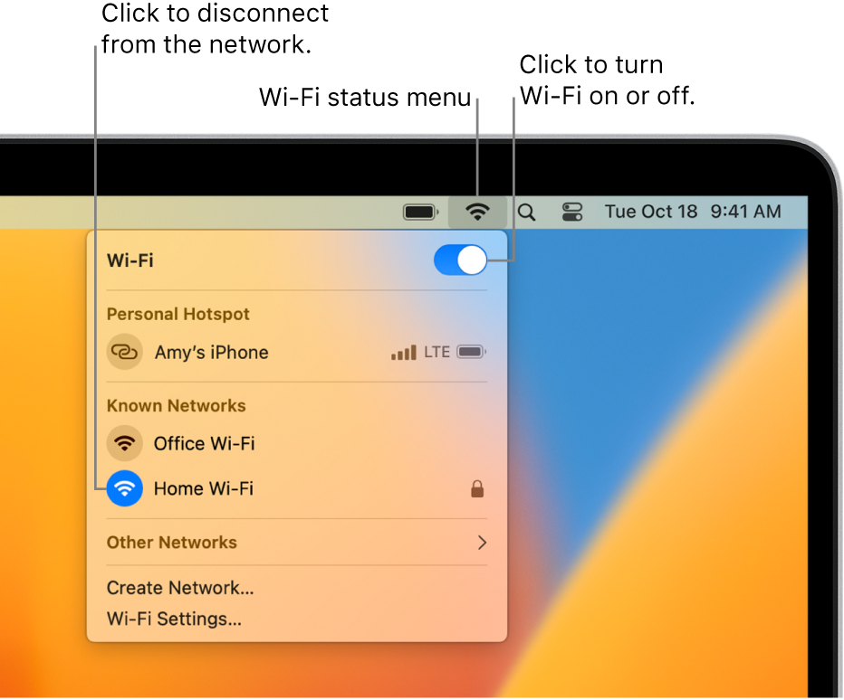 The Wi-Fi status menu, showing the Wi-Fi on/off button, a Personal Hotspot, and known networks.