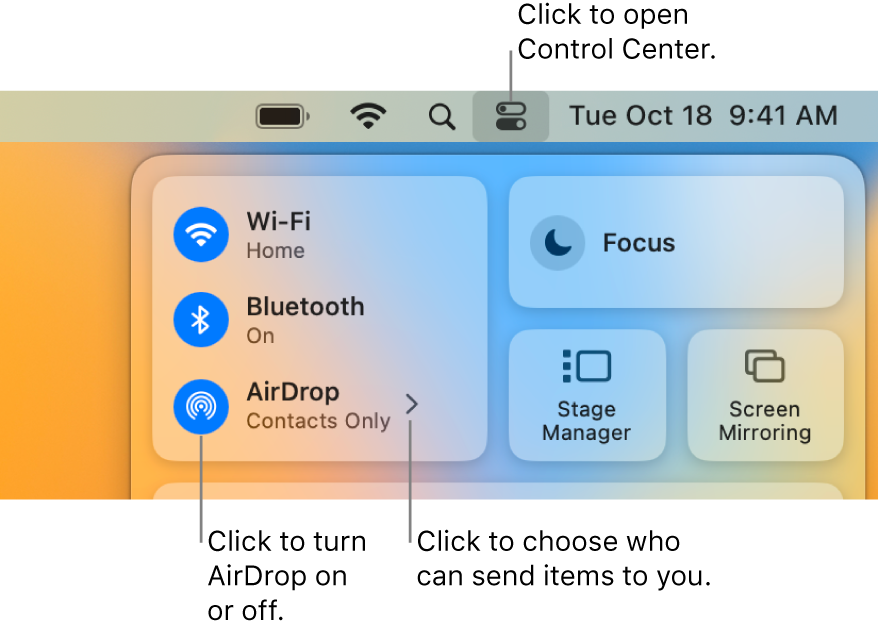 A Control Center window showing the controls to turn AirDrop on or off and choose who can send items to you.