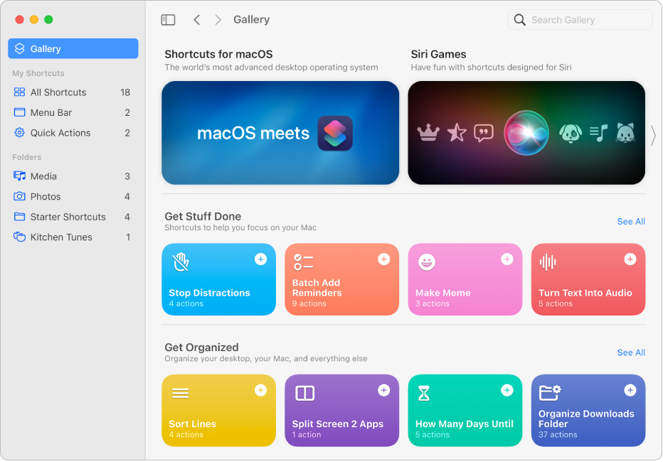 The Shortcuts window with the sidebar open on the left and the Gallery on the right.