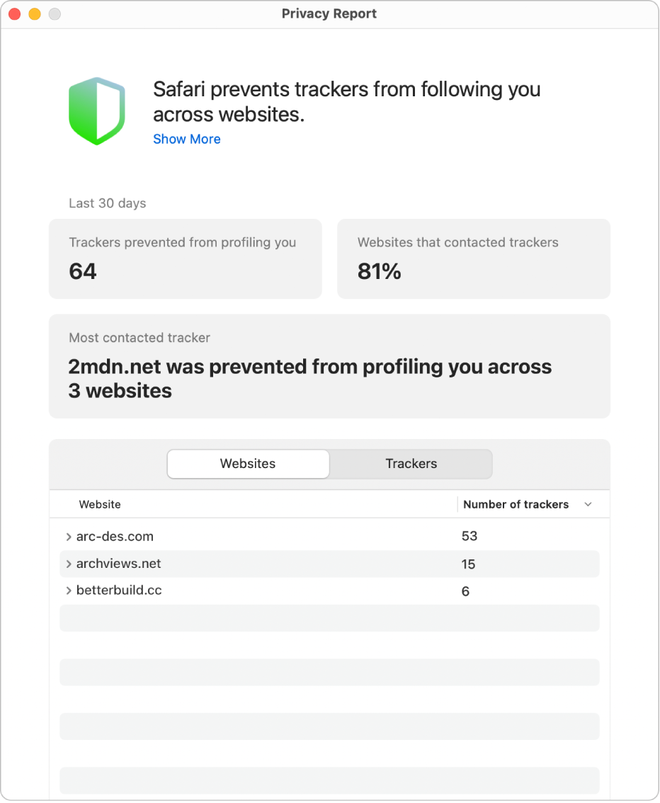 A Safari Privacy Report.