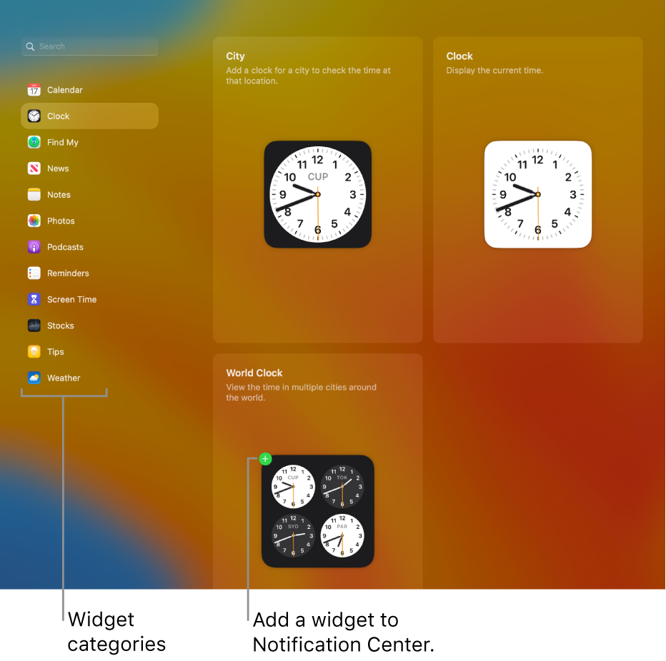The list of widget categories, with the Clock category selected. The City, Clock, and World Clock widgets are shown. A green plus sign on the World Clock indicates that it can be added to Notification Center.