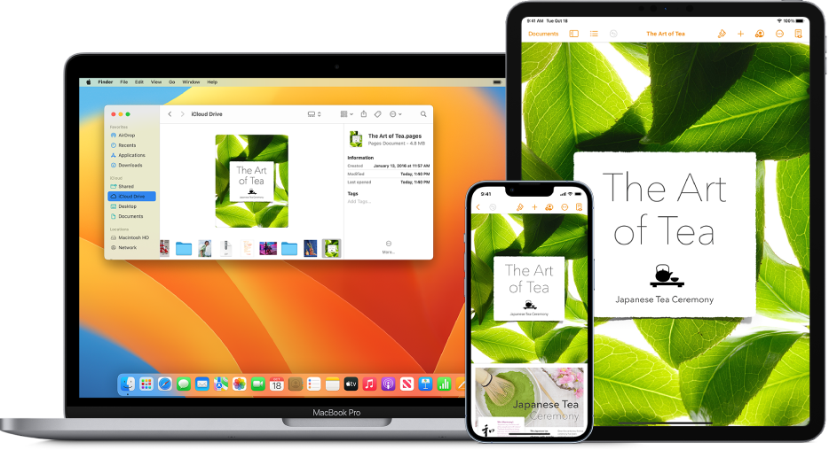 The same Pages document appears in iCloud Drive in a Finder window on a Mac and in the Pages app on an iPhone and iPad.