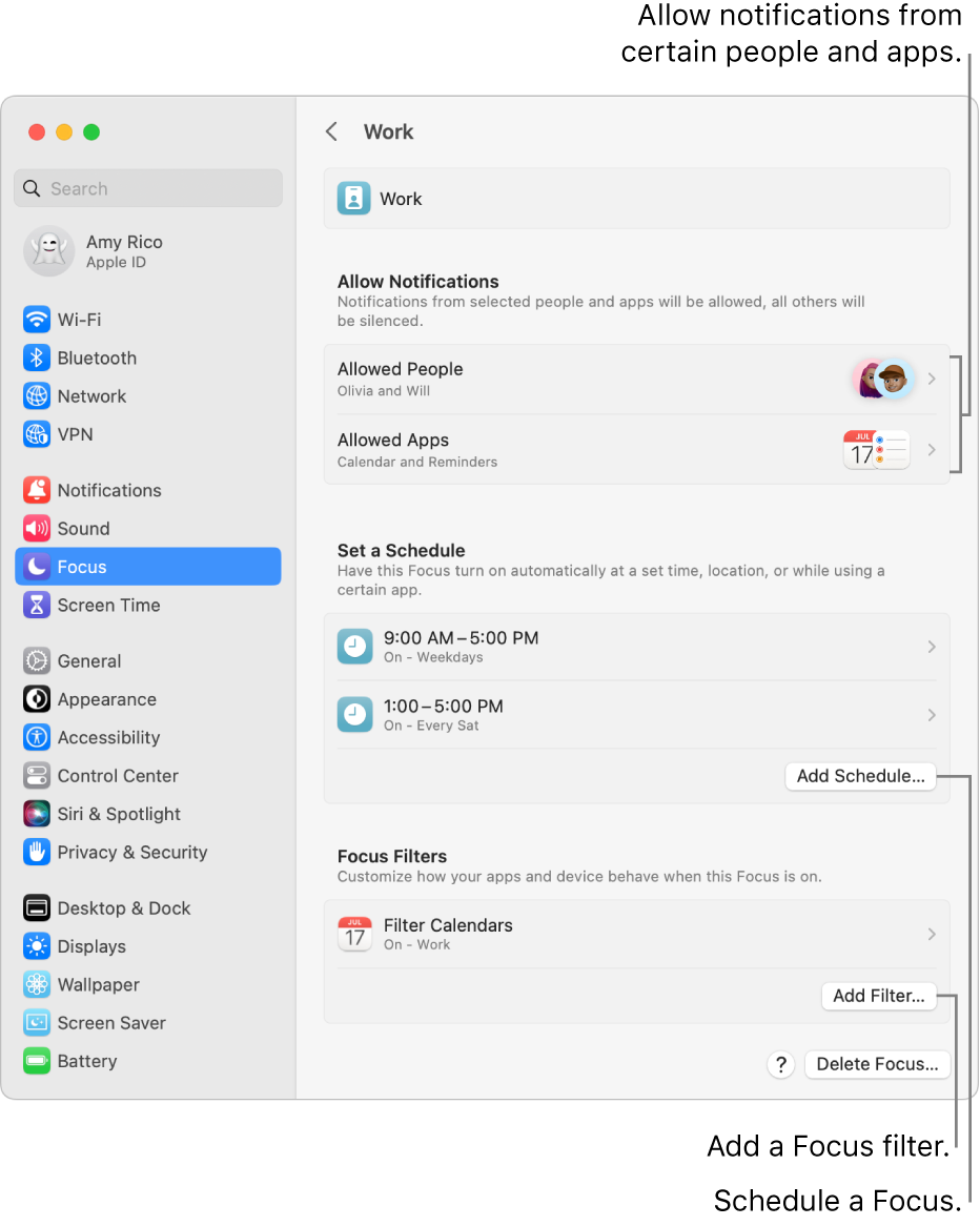 Focus settings showing settings for the Work Focus. At the top is the list of people and apps whose notifications are allowed when the Work Focus is active. In the middle is the time-based schedule that automatically turns the Work Focus on. At the bottom is a Calendar Focus Filter.