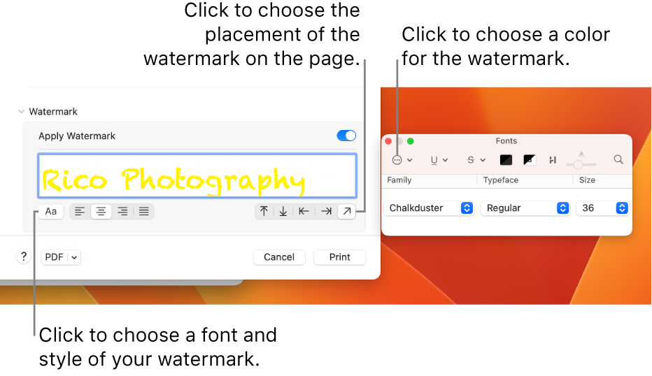 The Watermark print options showing the Apply Watermark, Location, and Watermark Label options.