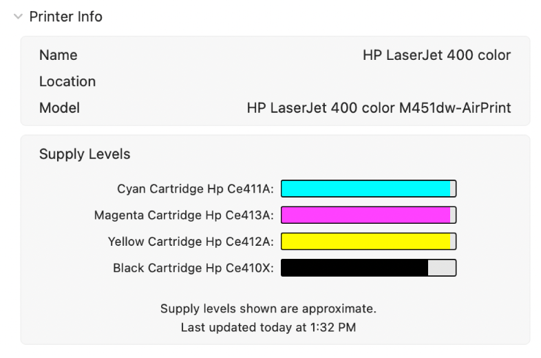 The Printer Info dialog showing the printer name, location, printer model, and ink levels of the printer ink cartridges.