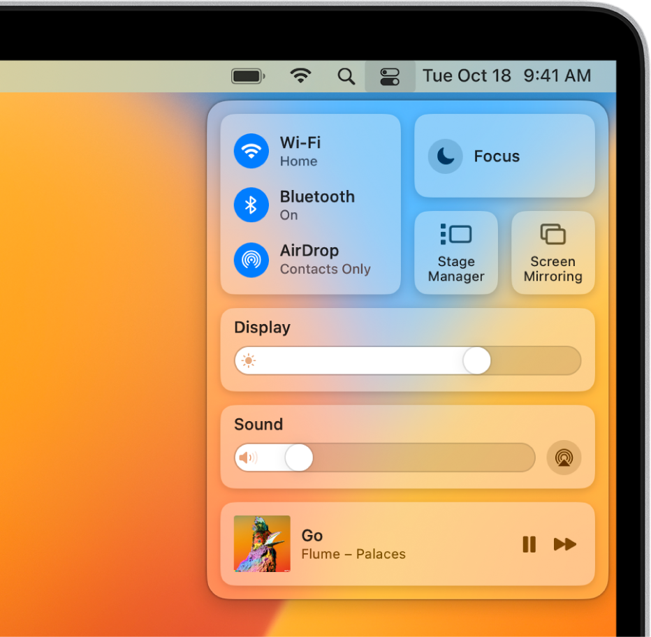 Control Center in the top-right corner of the Mac screen, showing controls for Wi-Fi, Focus, and Stage Manager, among others.