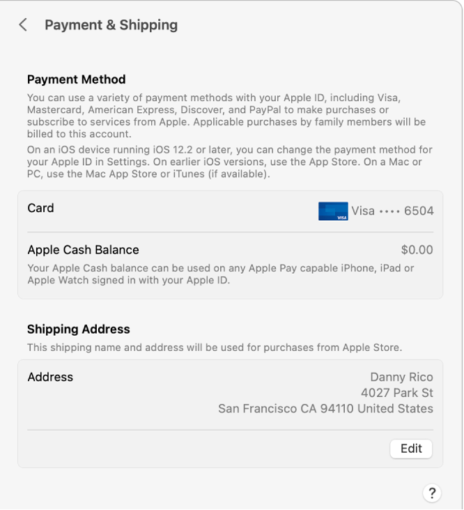 Apple ID settings showing the Payment & Shipping settings for an existing account.