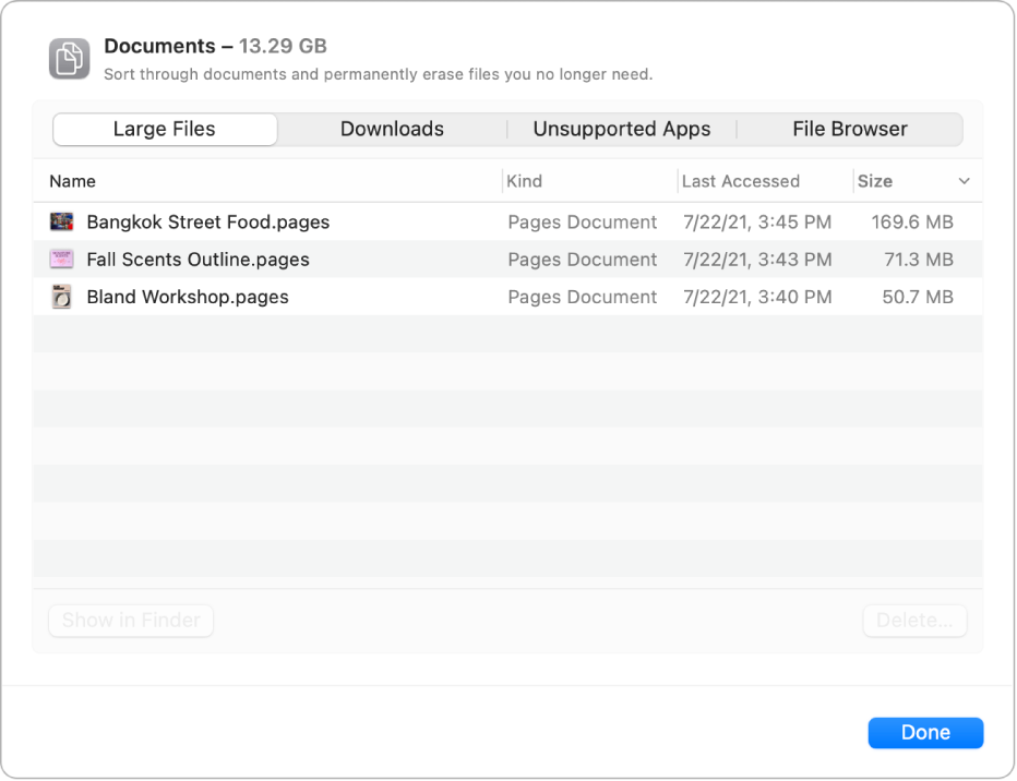 The Documents dialog showing files that can be selected and deleted to increase available storage space.