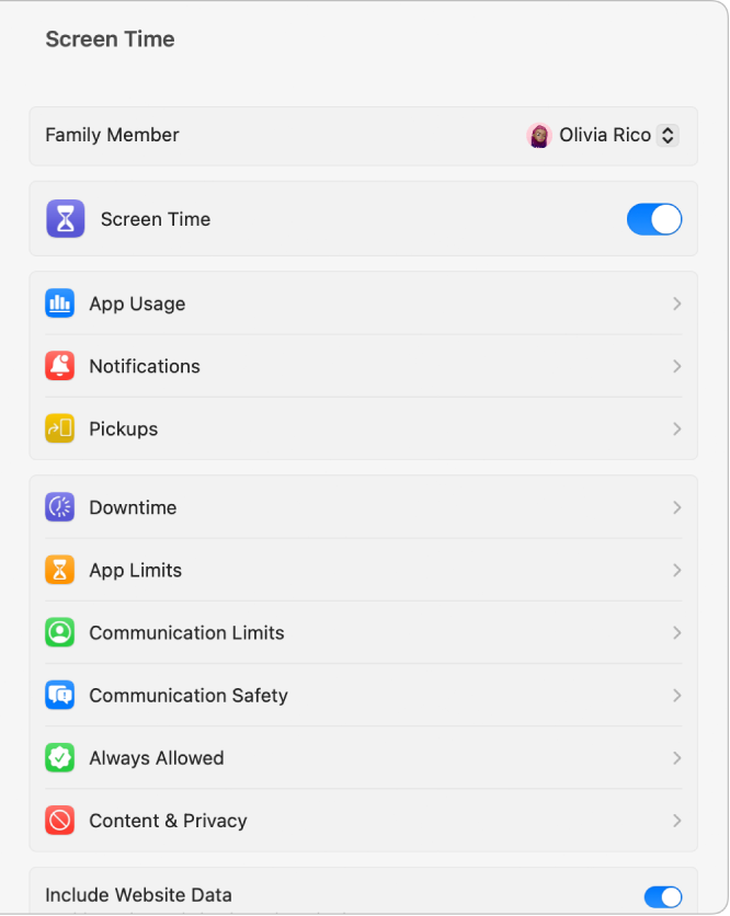 Screen Time settings with a child chosen from the Family Member pop-up window and Screen Time turned on.