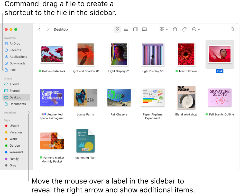 To the right of Locations in the Finder sidebar is an arrow to click to show additional items. In the Finder window on the right, a file is selected, and a shortcut to the file is in the sidebar, below Favorites.