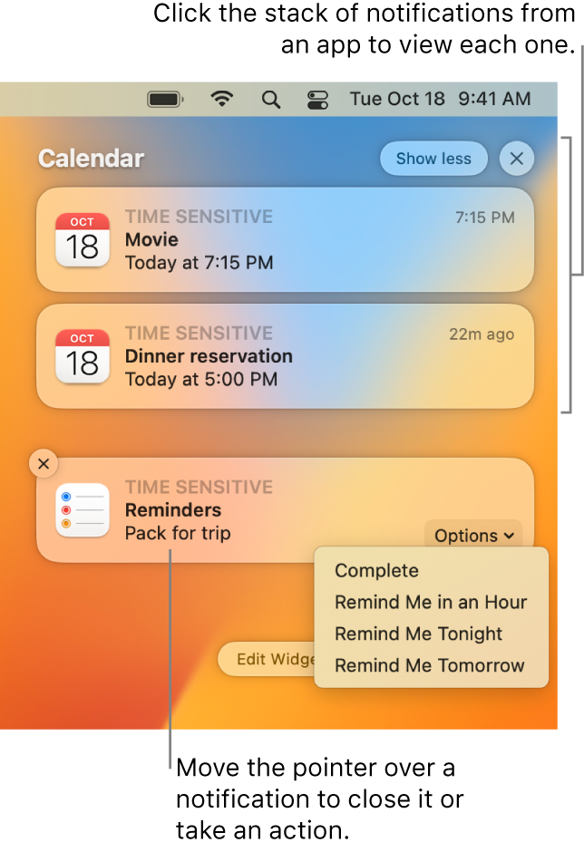 App notifications in the upper-right corner of the desktop, including an open stack of two Reminders notifications with a “Show less” button to collapse the stack, and one Calendar notification with a Snooze button.