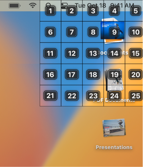 A grid being used to drill down on the area in the top-right of the screen, where the Documents and Images desktop stacks are located. The grid has five columns and five rows, and each cell is numbered 1 through 25.