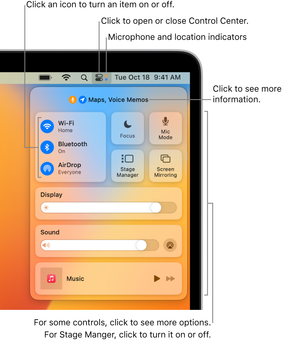 Control Center in the top-right portion of the screen, showing controls for Wi-Fi, Focus, Sound, and Now Playing, among others.