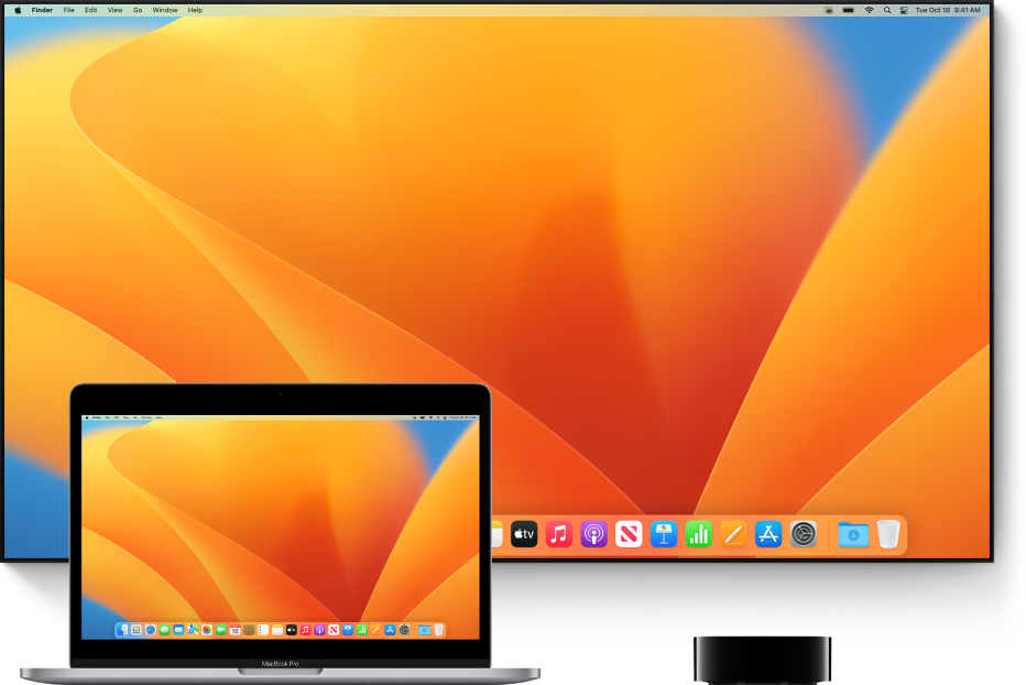 Una Mac, una TV de alta definición y un Apple TV configurados para la duplicación por AirPlay.