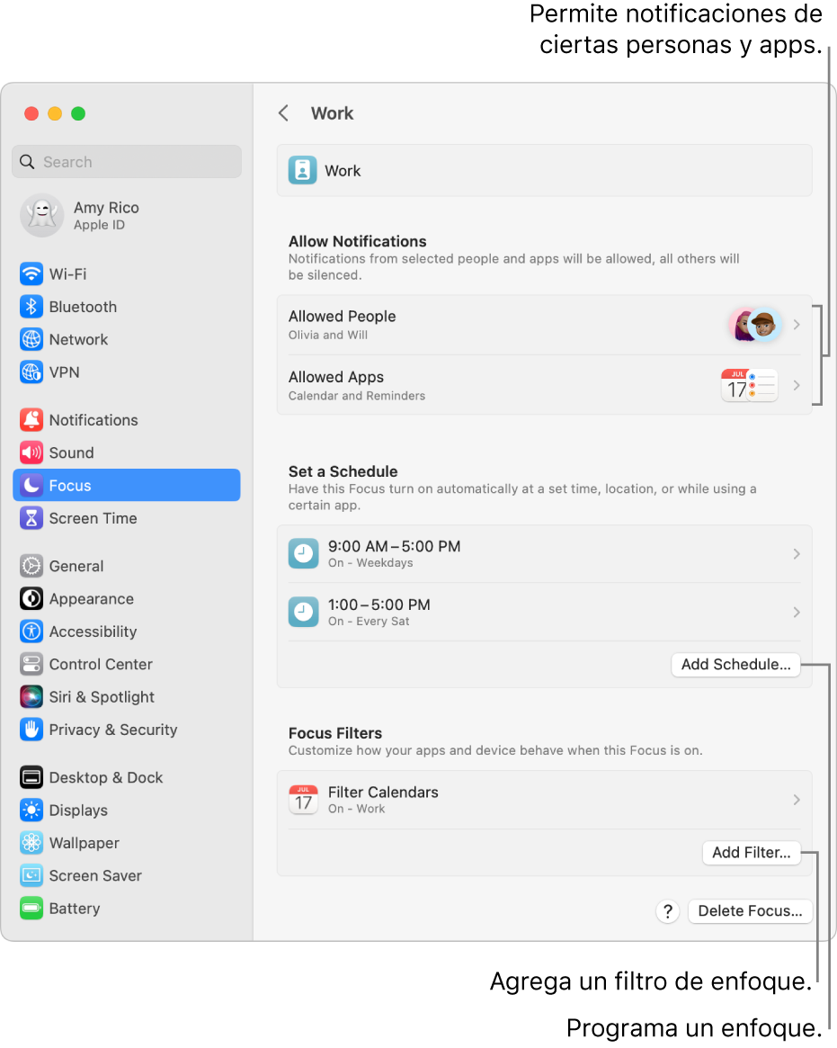 La configuración de Enfoque mostrando la configuración para el enfoque Trabajo. En la parte superior está la lista de las personas y apps cuyas notificaciones están permitidas cuando el enfoque Trabajo está activo. En la parte del medio está el horario basado en horas que activa de forma automática el enfoque Trabajo. En la parte inferior está un filtro de enfoque en Calendario.