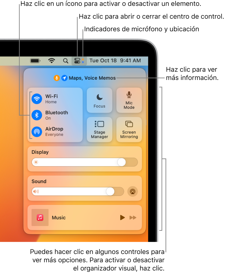 El centro de control está en la porción superior derecha de la pantalla, y muestra los controles de Wi-Fi, Enfoque, Sonido y Ahora suena, entre otros.