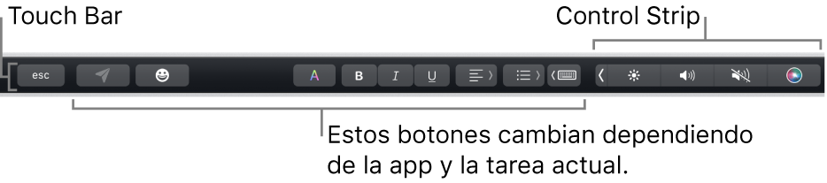 Touch Bar en la parte superior del teclado, mostrando en la izquierda botones que varían según la app o la tarea y, en la derecha, la Control Strip contraída.