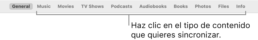 La barra de botones mostrando el botón General y los botones para contenido, como música, películas, programas de TV y más.