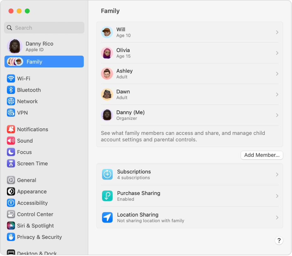 La configuración de Familia mostrando una lista de familiares para una cuenta existente y diferentes tipos de opciones de cuenta que puedes usar con Compartir en familia.