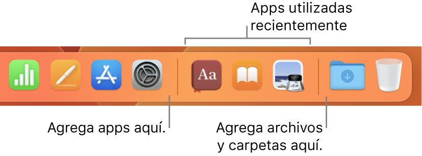 Una parte del Dock mostrando las líneas de separación entre apps, apps usadas recientemente, archivos y carpetas.