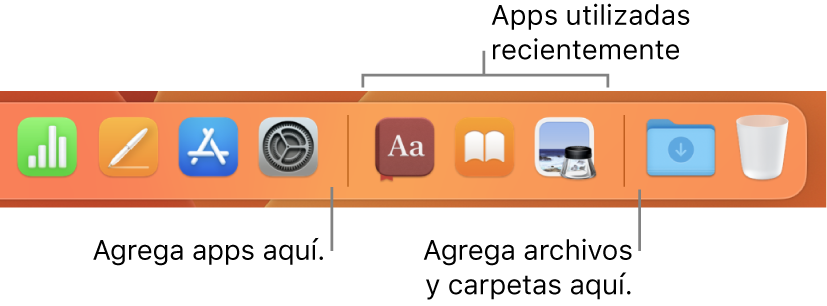 En el lado derecho del Dock se muestran las líneas divisoras antes y después de la sección de apps utilizadas recientemente.